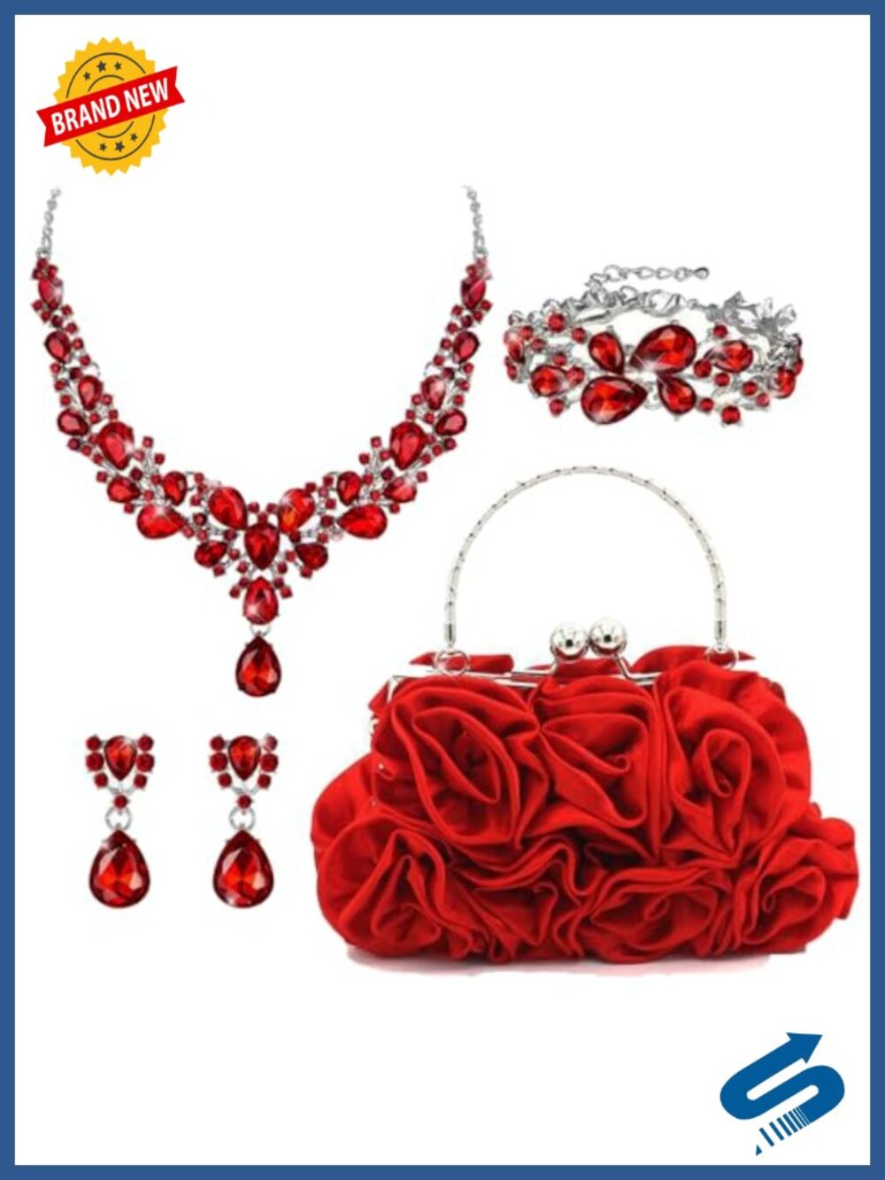 4 Pc Rose Flower Clutch Rhinestone Jewelry Set Evening Bag Wedding Party
